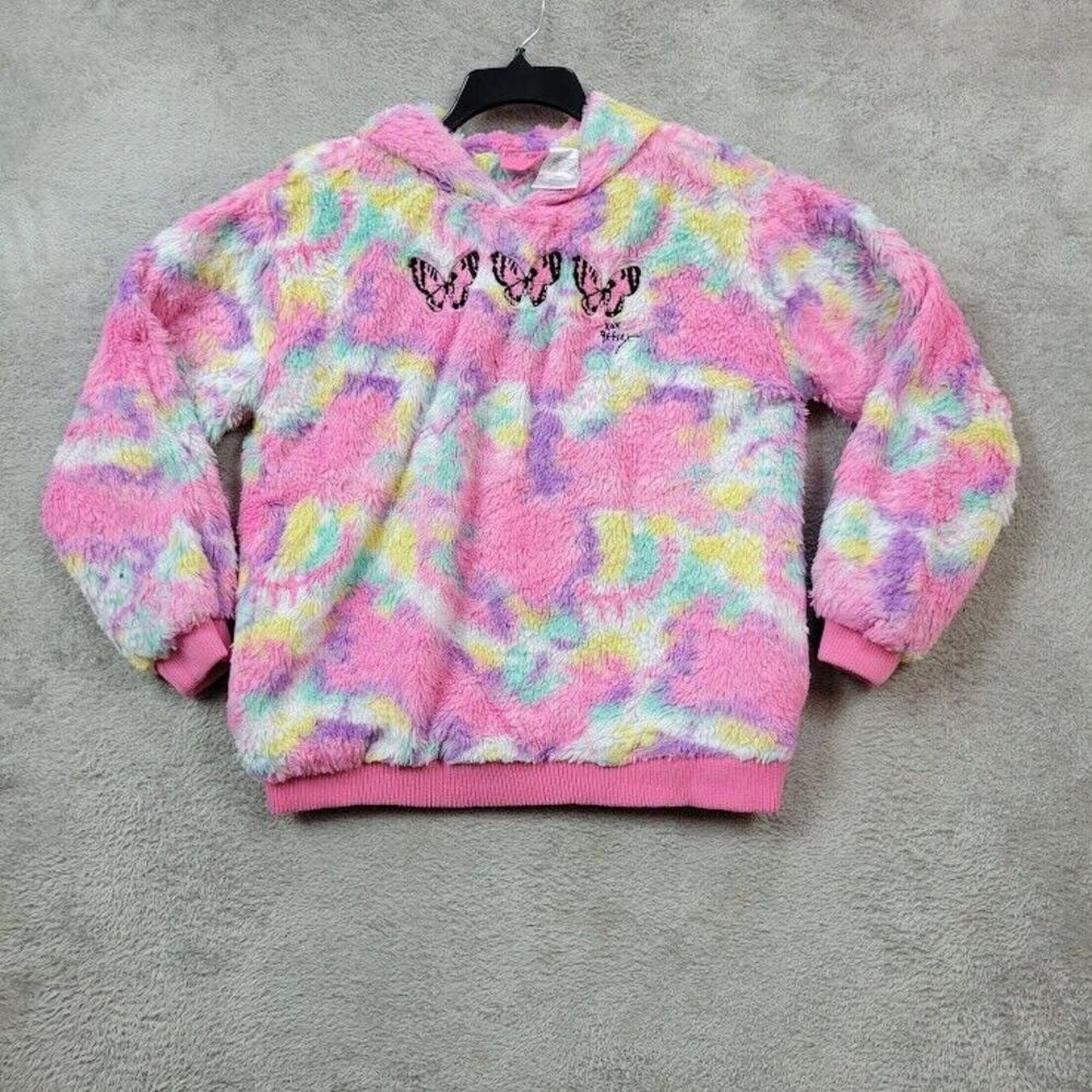 Betsey Johnson Hoodie Girls Large Pink Sherpa Pullover Fur Butterfly
